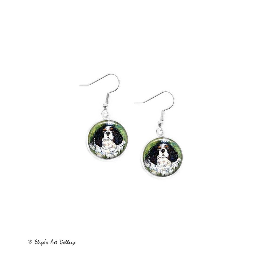 Silver Plated King Charles Spaniel Dog Art 16mm Cabochon Earrings