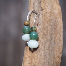 Earrings, silver green moss agate, amazonite drop earrings.