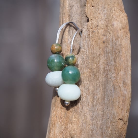 Earrings, silver green moss agate, amazonite drop earrings.