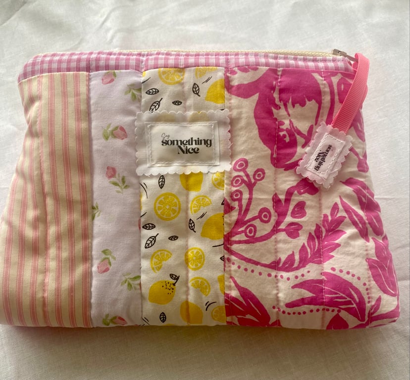 Handquilted makeup bag in sweet pink gingham and lemons upcycled fabric