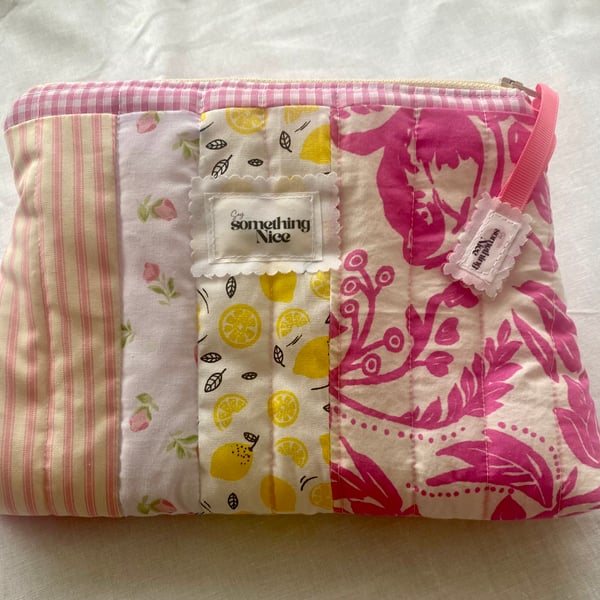 Handquilted makeup bag in sweet pink gingham and lemons upcycled fabric