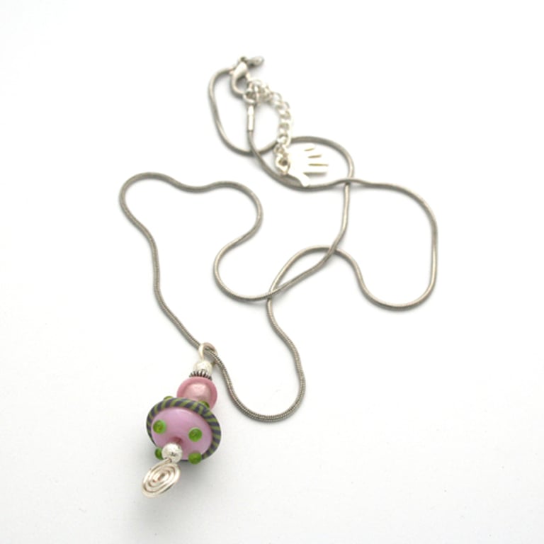 Pink and Green Lampwork Glass Necklace - Unique Bead And Wire Spiral Pendant