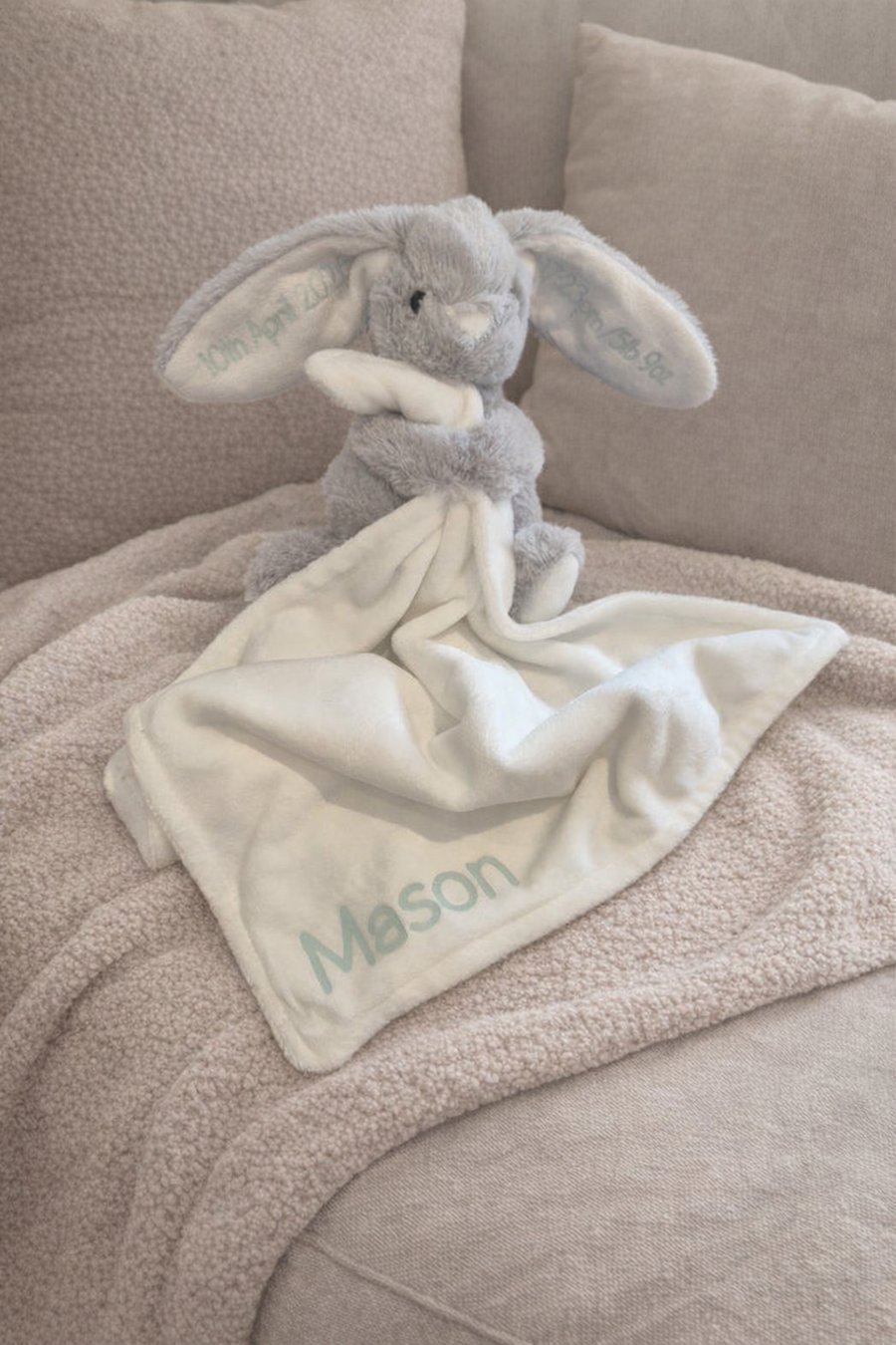 Personalised Bunny Baby Comforter – Pink, Blue or White – New Baby Gift