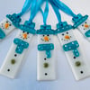 Turquoise fused glass snowmen Christmas decoration
