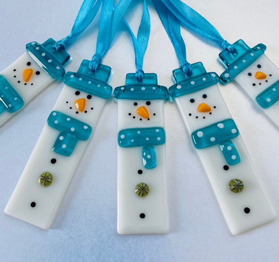 Turquoise fused glass snowmen Christmas decoration