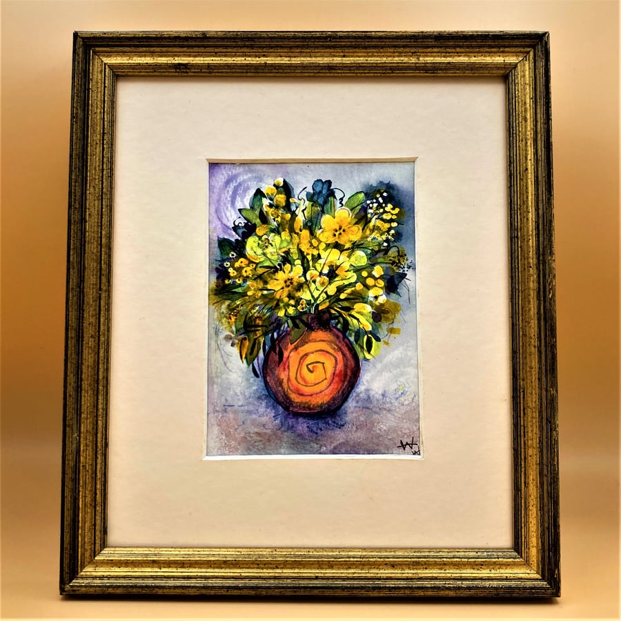 Small original framed watercolour painting of flowers in a vase, signed & dated.
