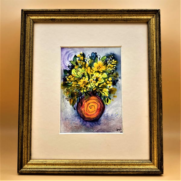 Small original framed watercolour painting of flowers in a vase, signed & dated.