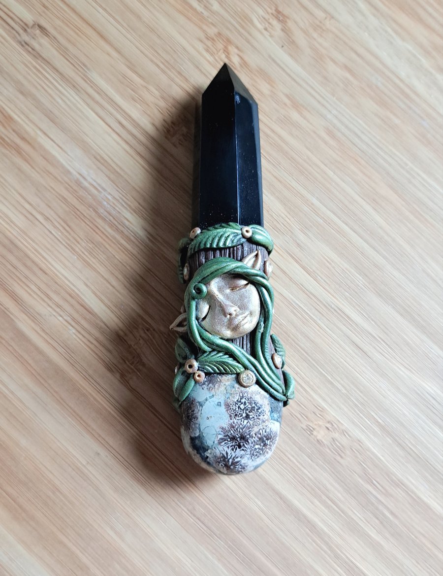 Black Obsidian, Sakura Flower Agate and Polymer Clay Forest Fae Wand
