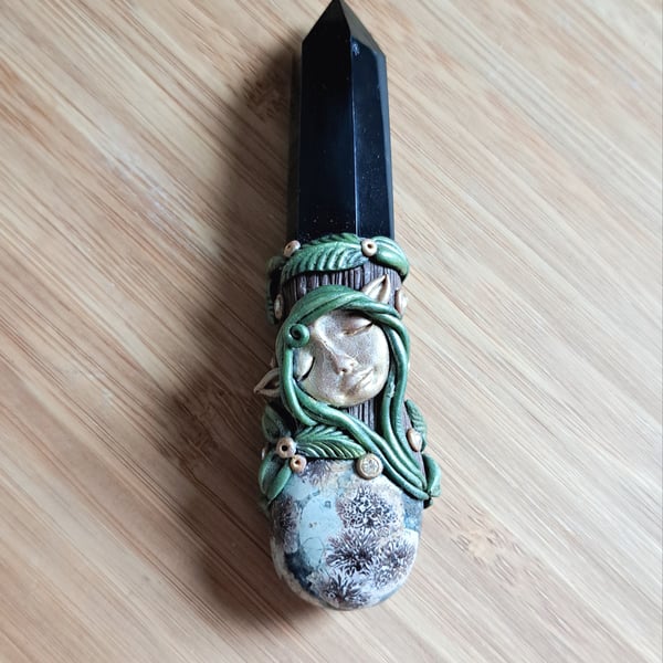 Black Obsidian, Sakura Flower Agate and Polymer Clay Forest Fae Wand