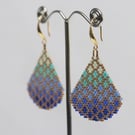 Teardrop Beaded Earrings in Blue and Aqua Bubble Pattern