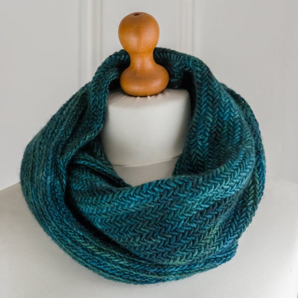 Herringbone Forest Cowl - hand knit in the round with a soft merino wool