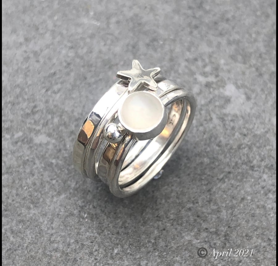 Moonstone Stack Ring, silver stack ring, star ring, celestial,  stack ring, 