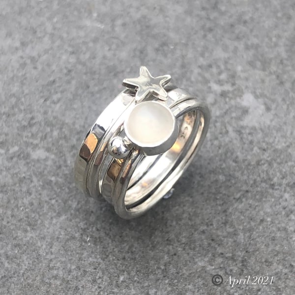 Moonstone Stack Ring, silver stack ring, star ring, celestial ring, stack ring, 