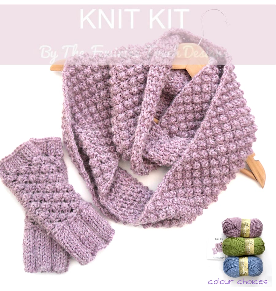 Knit Kit for berry fingerless gloves and infinity scarf in Green ONLY