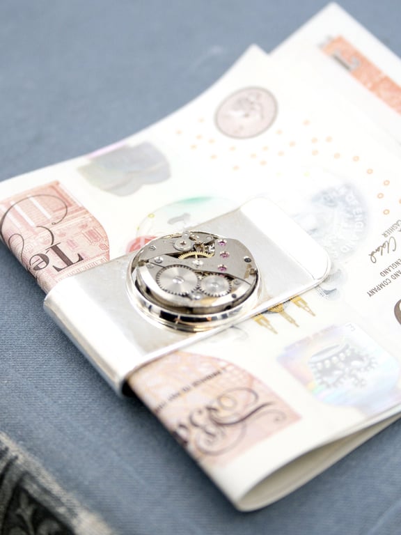 Money holder with Steampunk watch movement, money clip unique gift for husband
