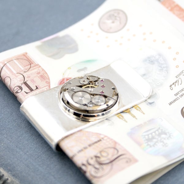 Money holder with Steampunk watch movement, money clip unique gift for husband