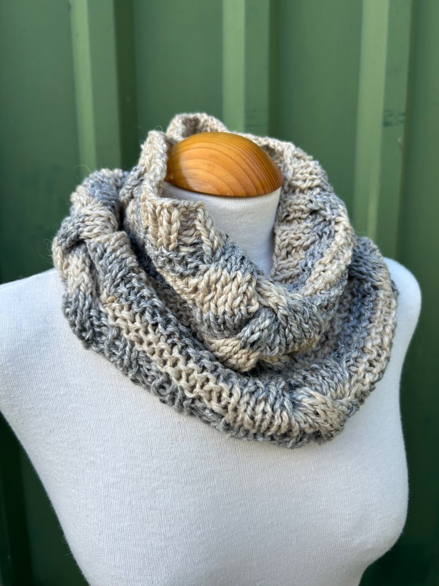 Hand Knitted Grey and Beige Snood Cowl Scarf