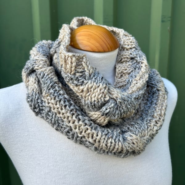 Hand Knitted Grey and Beige Snood Cowl Scarf