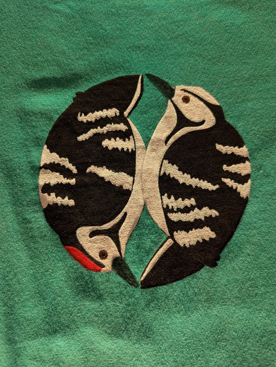 Unique Hand-painted upcycled lesser spotted woodpecker pair t-shirt (size 10))