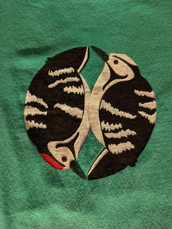 Unique Hand-painted upcycled lesser spotted woodpecker pair t-shirt (size 10))