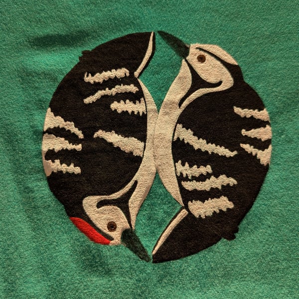 Unique Hand-painted upcycled lesser spotted woodpecker pair t-shirt (size 10))