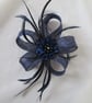 Navy Blue Sinamay Loop Crystal Feather Fascinator Headpiece Clip  - Image 2