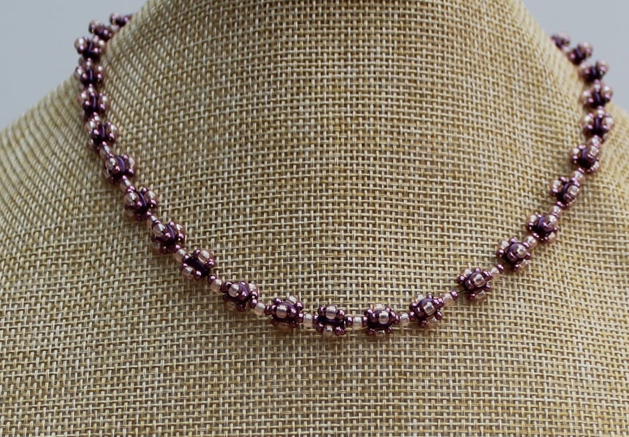 Purple and Pink flower beaded necklace