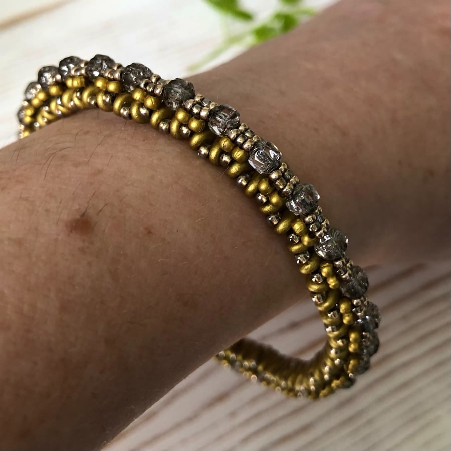 Sparkly Grey & Gold Seed Bead Bangle Bracelet. Bead Weave Hand Stitched