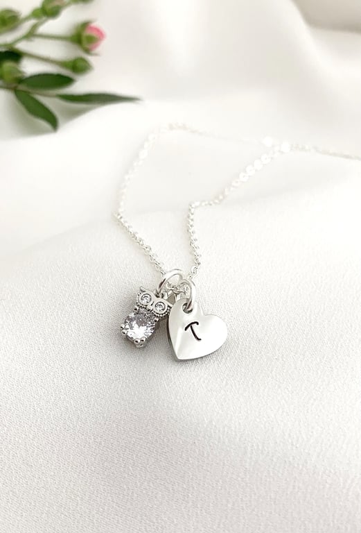 Heart Pendant INITIAL Necklace OWL Charm Personalised Jewellery 