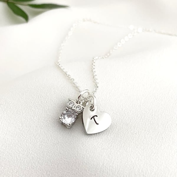 Heart Pendant INITIAL Necklace OWL Charm Personalised Jewellery 
