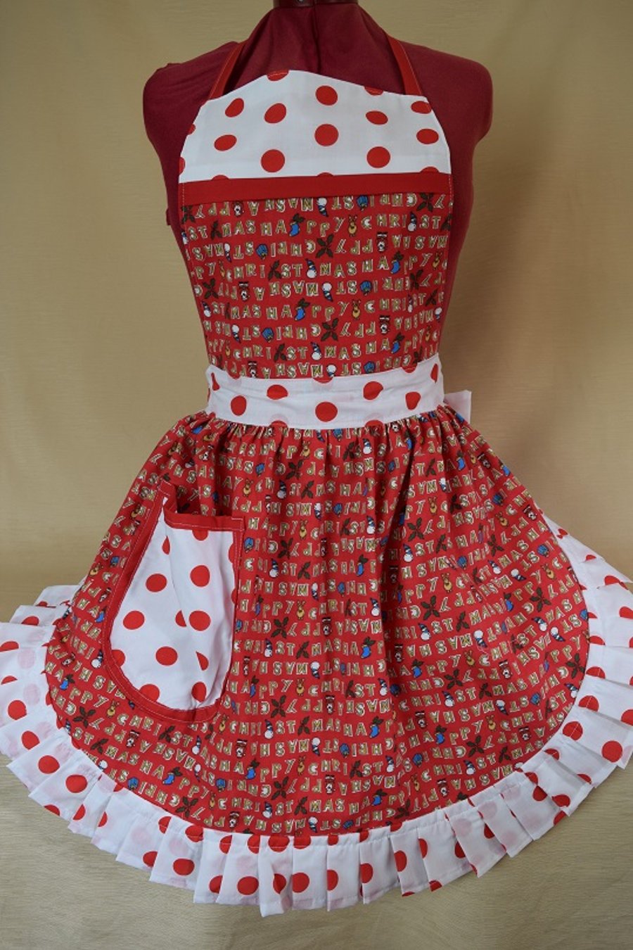 Vintage 50s Style Full Apron Pinny - Happy Christmas with Polka Dot Trim
