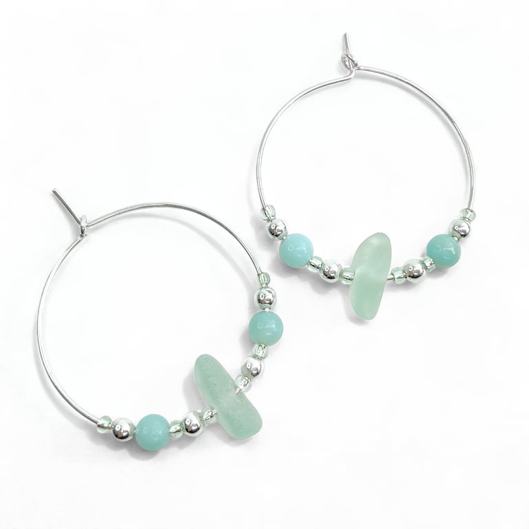 Sea Glass Hoop Earrings. Large Green Sterling Silver Amazonite Beaded Hoops