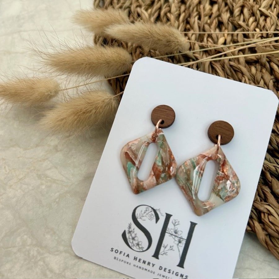 Marbled Sage & Terracotta Dangles with Walnut Wood & Copper Leaf Detail
