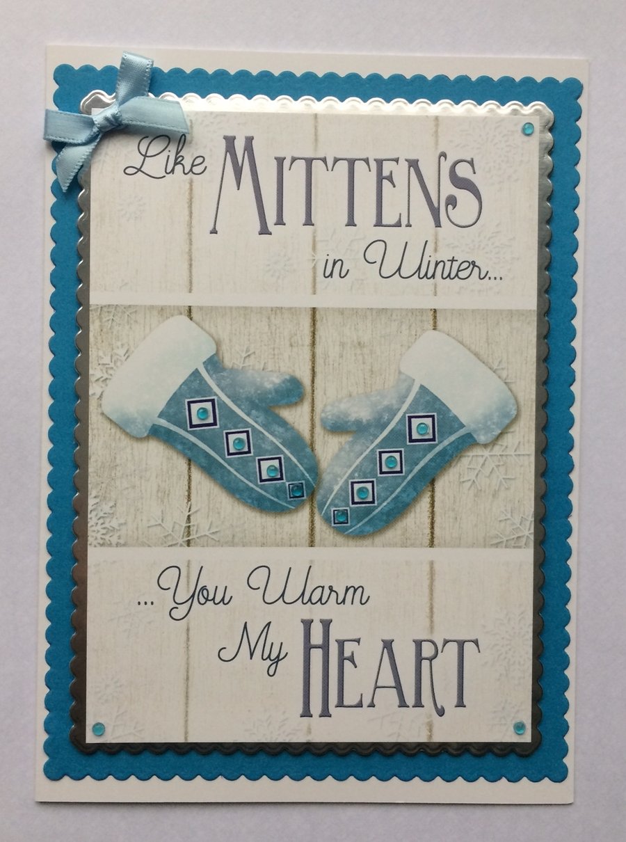 Handmade Christmas Card Vintage Mittens in Winter You Warm My Heart