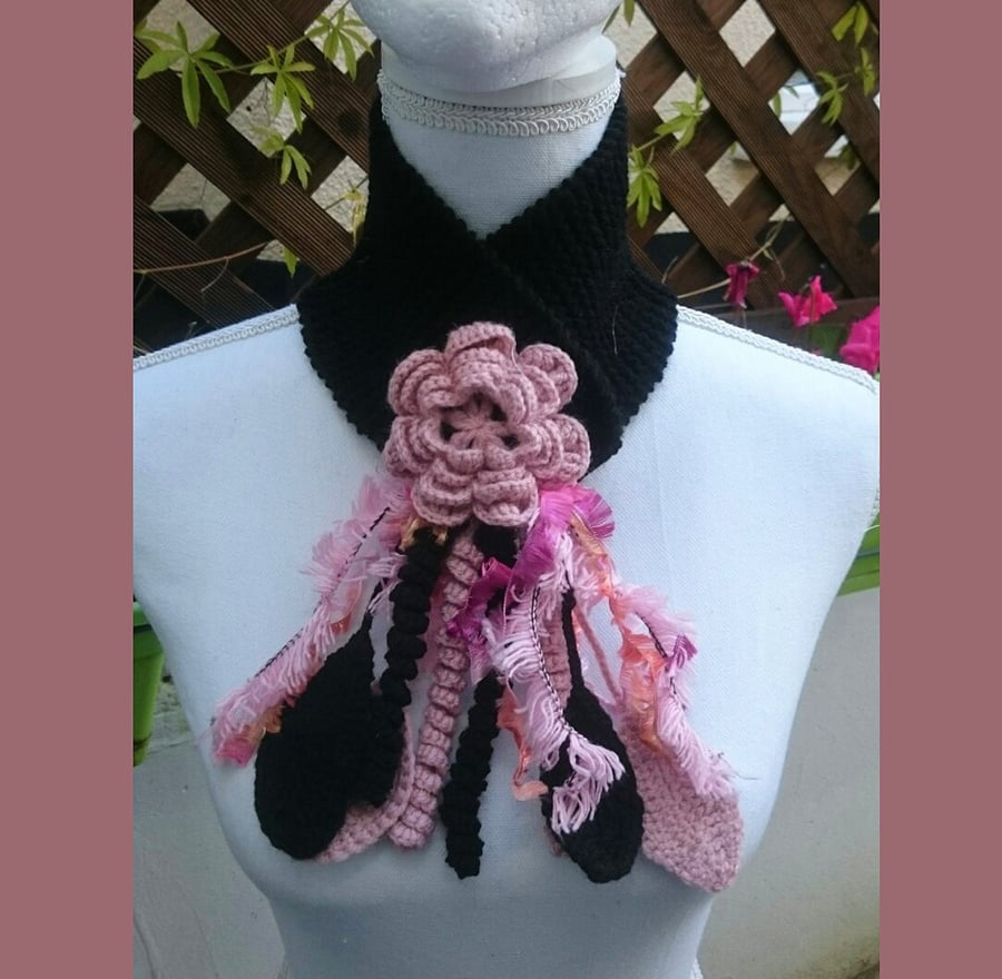 Cozy Chunky Fringed Crochet collar - Black and pink neck wrap with flowers