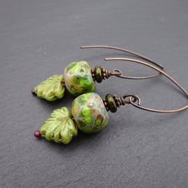 green leaf lampwork glass earrings