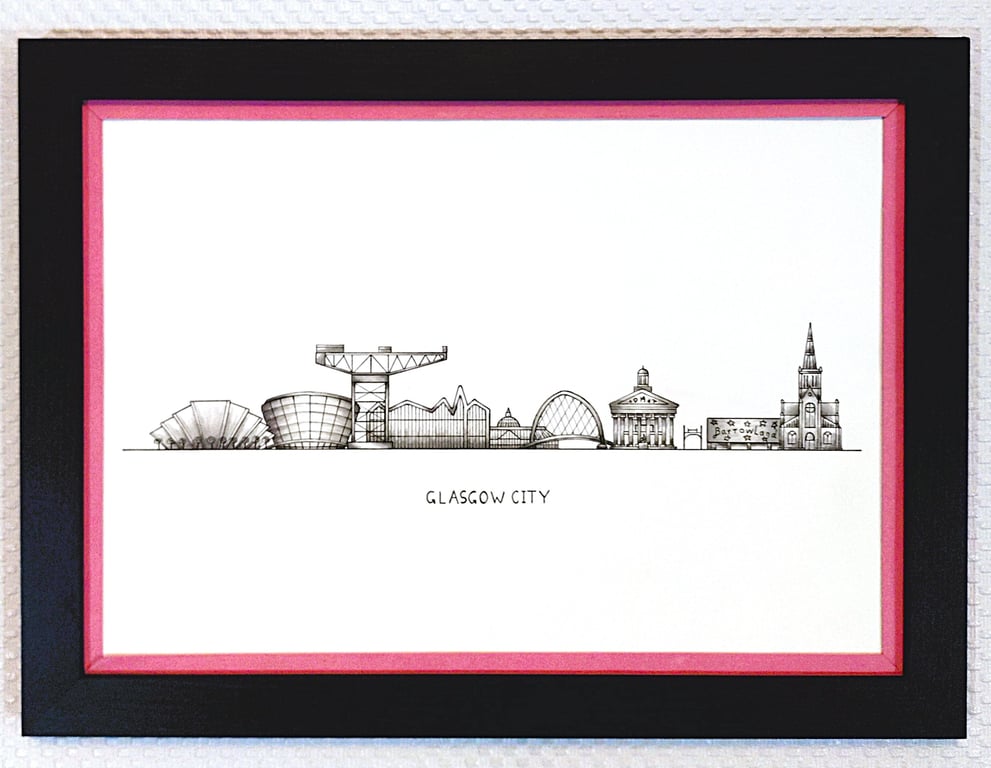 Glasgow Cityscape Handmade Unique Framed A3 Print Pink Border Wallart Gift