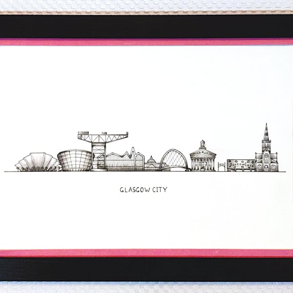 Glasgow Cityscape Handmade Unique Framed A3 Print Pink Border Wallart Gift