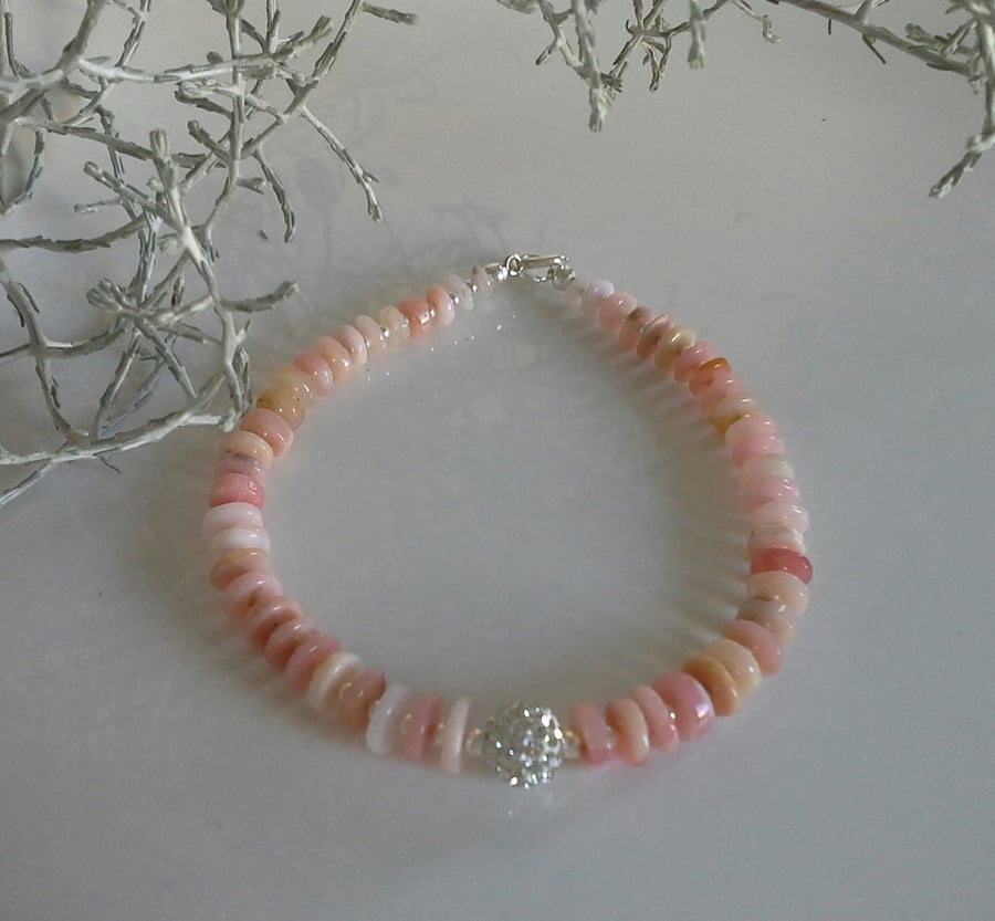 'A'A Grade Puruvian Pink Opal & Swarovsky Crystal Bead Sterling Silver Bracelet