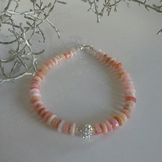 'A'A Grade Puruvian Pink Opal & Swarovsky Crystal Bead Sterling Silver Bracelet