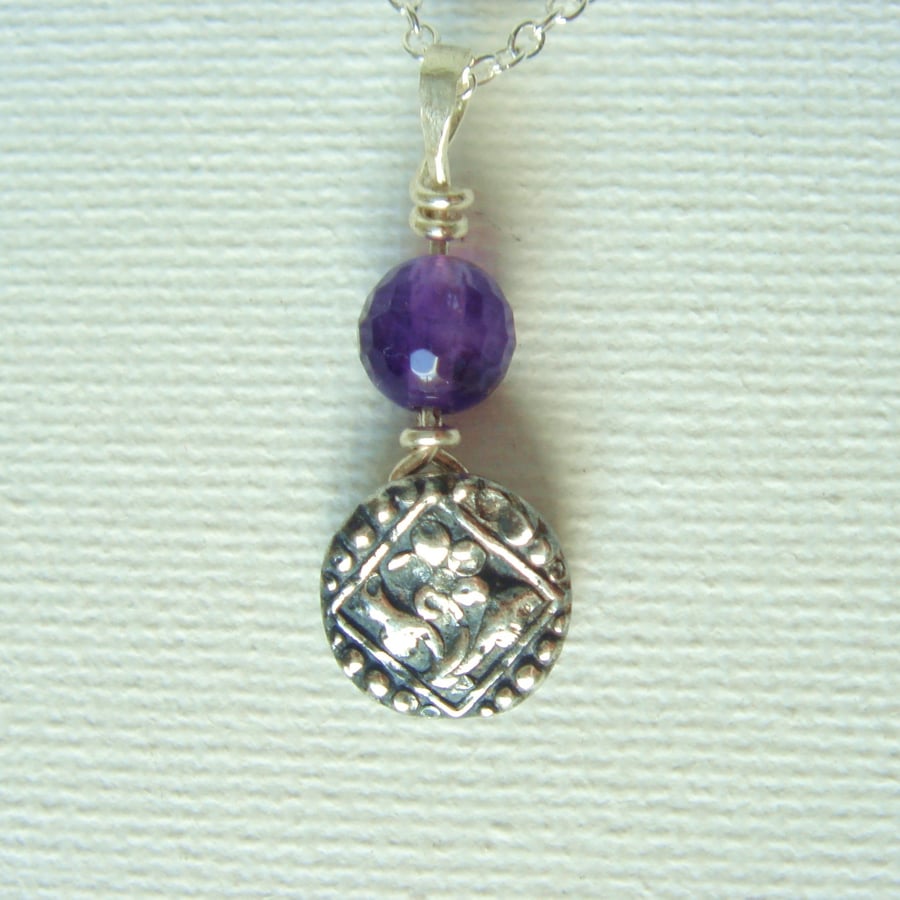 February Birthstone Violet Amethyst Silver Pendant Cast of an Antique Button 