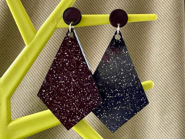 BLACK GLITTER EARRINGS disco resin kite shape large festival retro