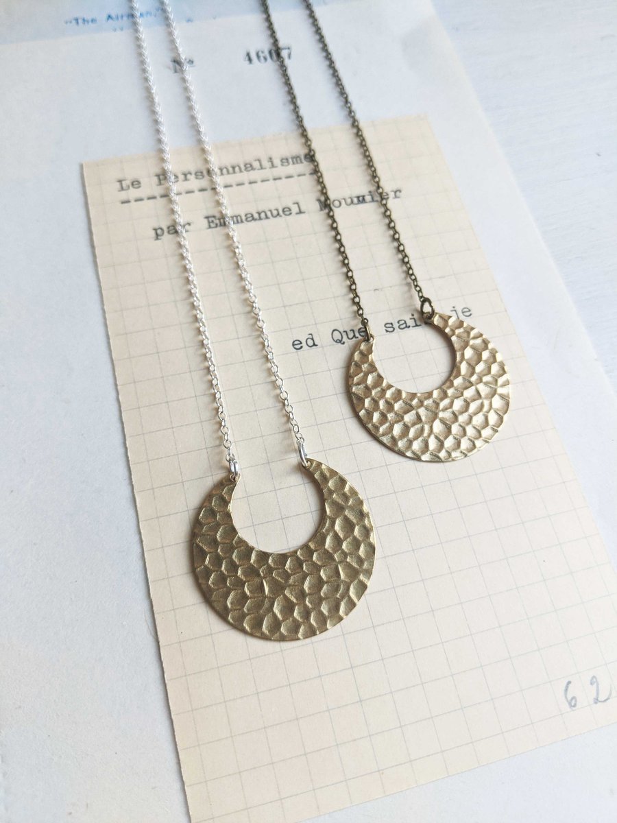 Crescent Moon necklace - on silver - textured horsehoe on fine chain - modern