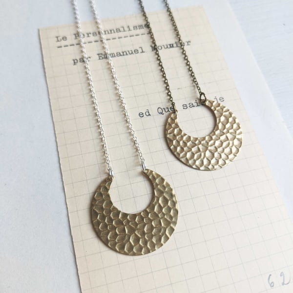 Crescent Moon necklace - on silver - textured horsehoe on fine chain - modern