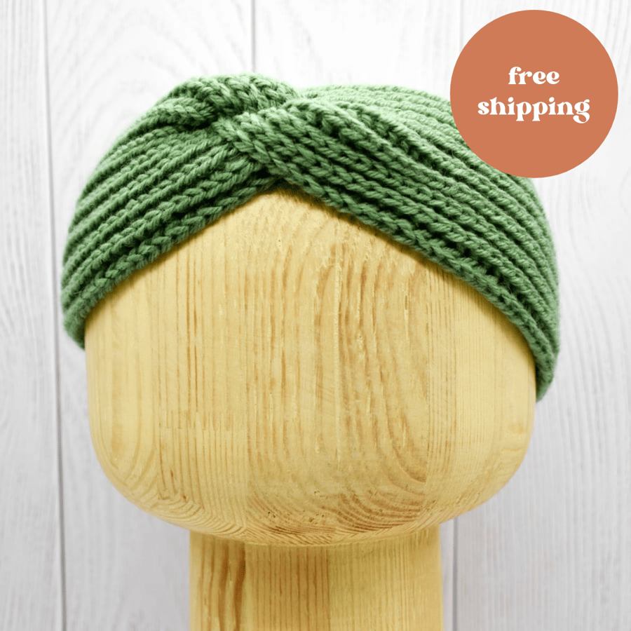 SOLD - Hand Knitted headband ear warmers in sage green wool adult M