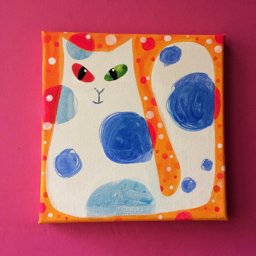 Blue Spotty Cat Original painting on canvas by Jo Brown 
