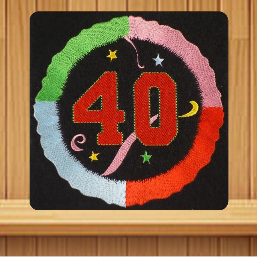Handmade 40th Birthday Balloon greetings card embroidered design