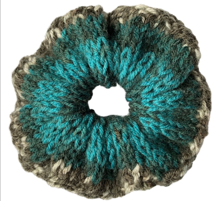 Hand Knitted Hair Scrunchie Bobble Bun Topper Handmade Accessories Teal Green