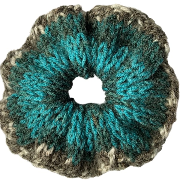 Hand Knitted Hair Scrunchie Bobble Bun Topper Handmade Accessories Teal Green