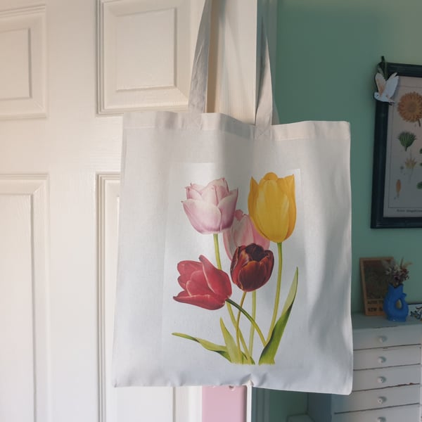 Tulip Flower Print Cotton Shopping Tote Bag